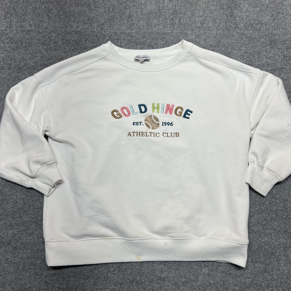 Gold Hinge Sweatshirt Womens XS White Fleece Pullover Athletic Club Tennis Ball